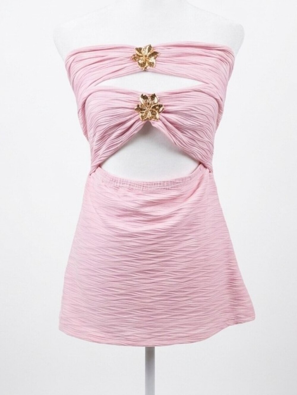 SHEIN Pink Strapless Cutout Crop Top with Gold Floral Hardware Small.
